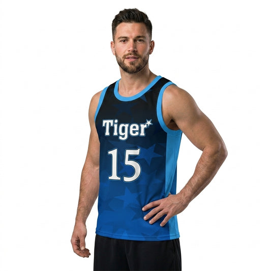 Custom Basketball Jersey - Personalized Blue Gradient Tank Top with Star Print - Full Sublimation