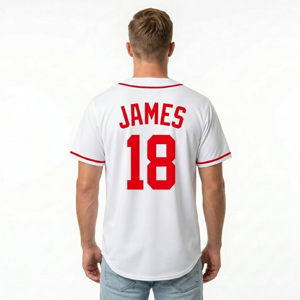 Custom Baseball Jersey - Personalized White Shirt with Red Piping - Full Sublimation for Men Women- Personalized Team Sportswear printed or Stitched Name Number (Size S-8XL)