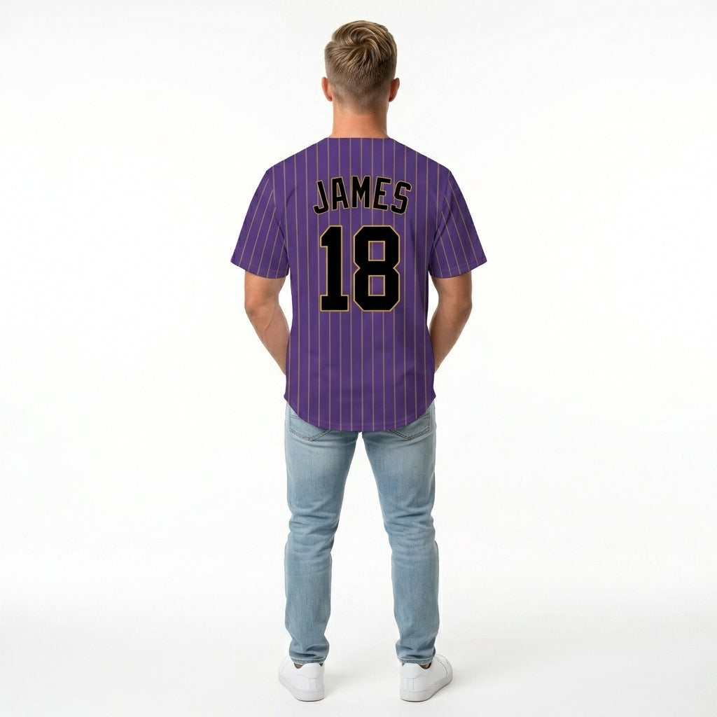 Custom Baseball Jersey - Personalized Purple Shirt with Gold Pinstripes - Full Sublimation