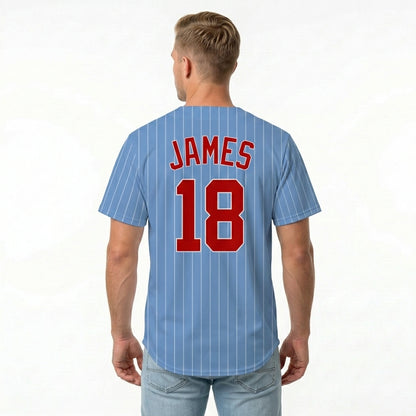 Custom Baseball Jersey - Personalized Powder Blue Shirt with White Pinstripes & Red Graphics