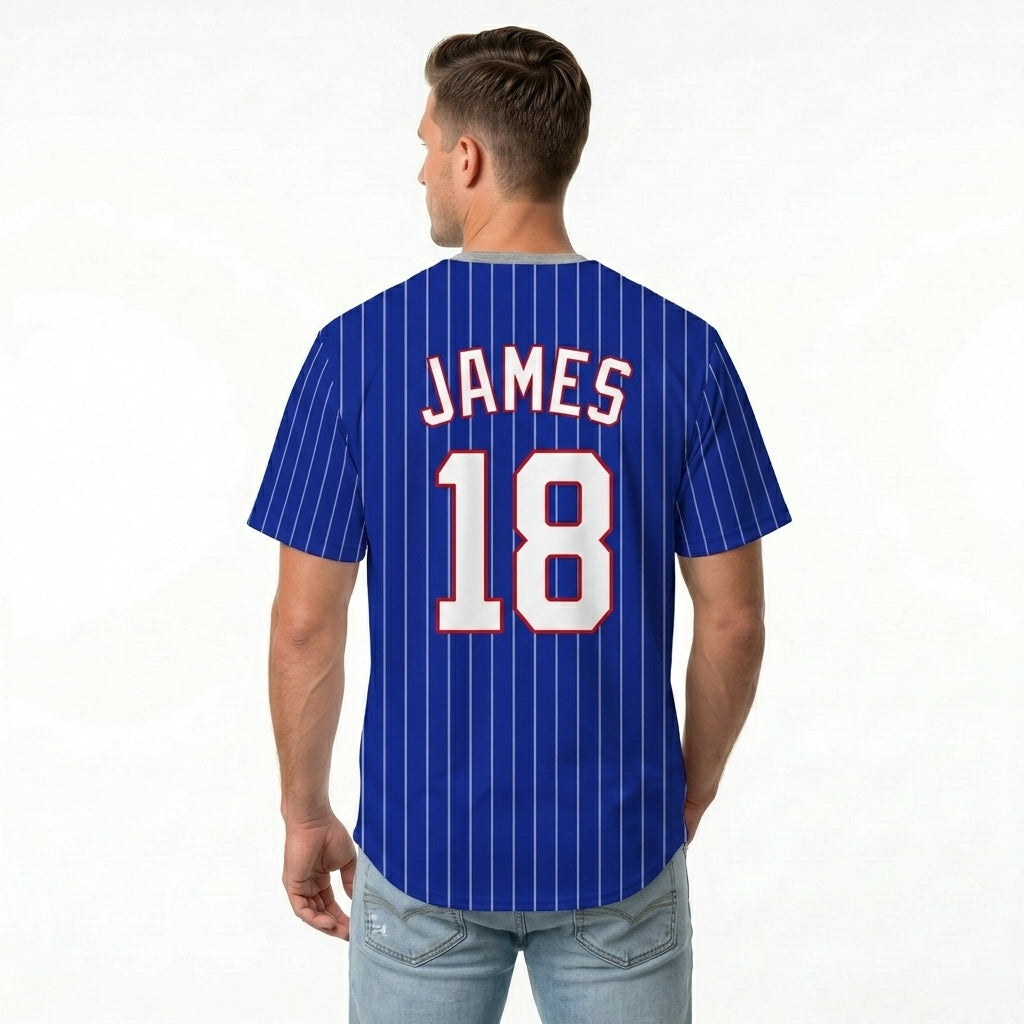 Custom Baseball Jersey - Personalized Royal Blue Shirt with White Pinstripes - Full Sublimation
