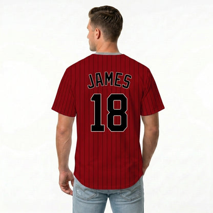 Custom Baseball Jersey - Personalized Maroon Shirt with Pinstripes & Black Graphics