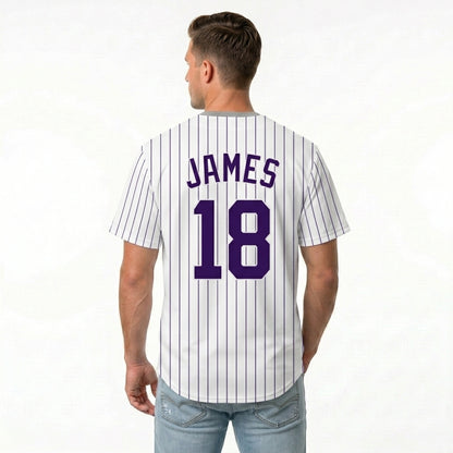 Custom Baseball Jersey - Personalized White Shirt with Purple Pinstripes - Full Sublimation