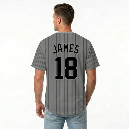 Custom Baseball Jersey - Personalized Grey Shirt with Dark Pinstripes - Full Sublimation