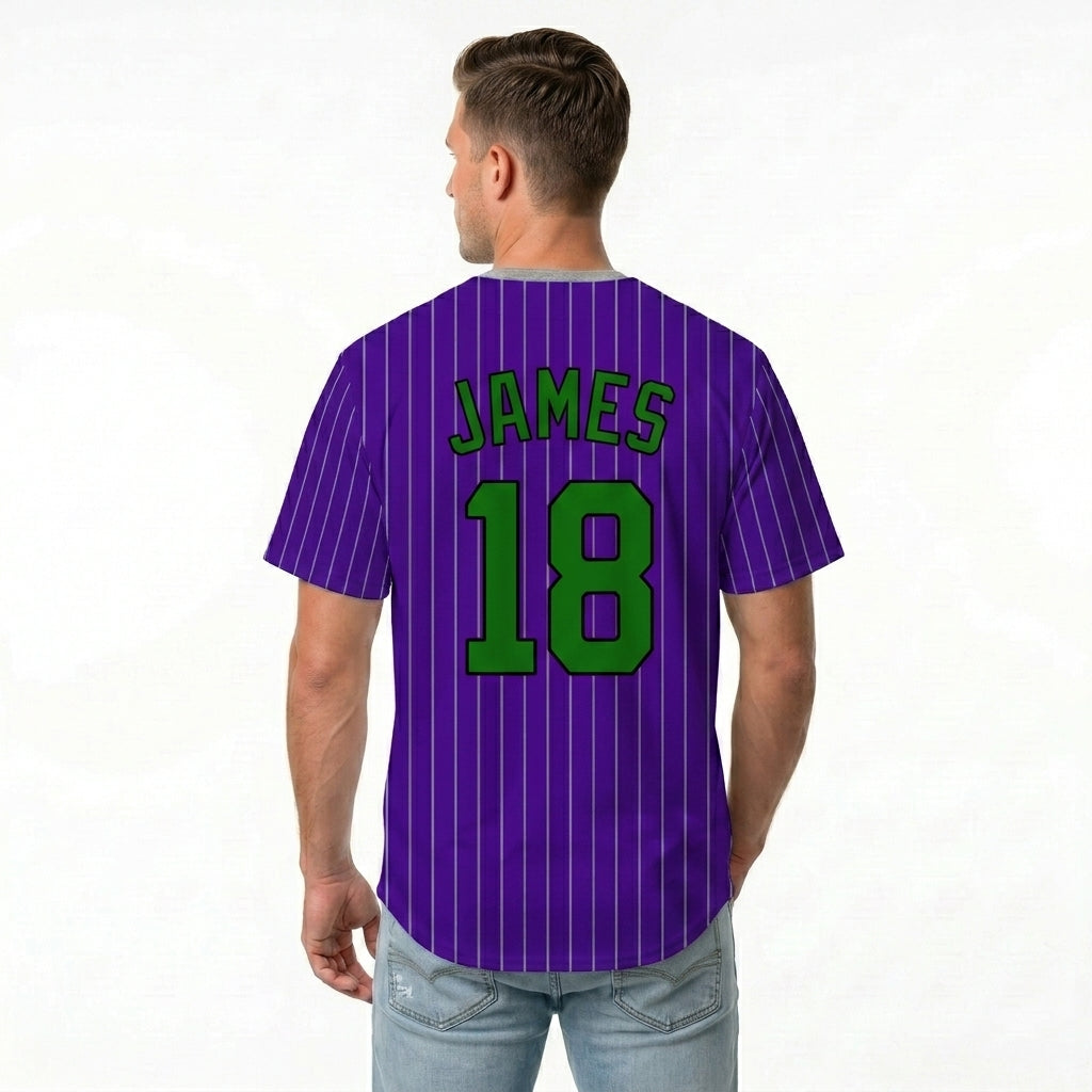Custom Baseball Jersey - Personalized Purple Shirt with Pinstripes & Green Graphics - Full Sublimation