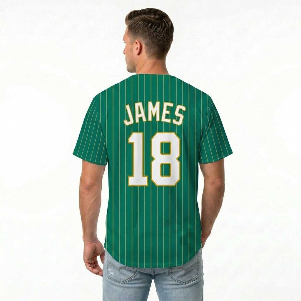 Custom Baseball Jersey - Personalized Green Shirt with Pinstripes & Gold Details - Full Sublimation