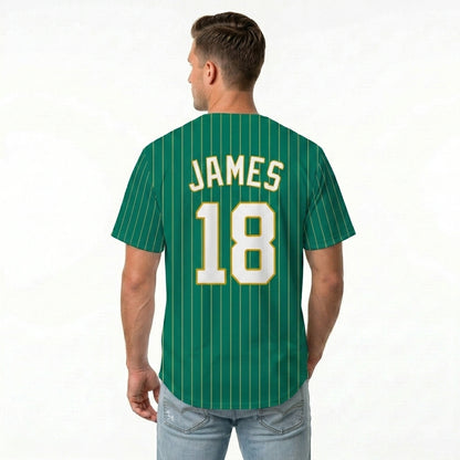 Custom Baseball Jersey - Personalized Green Shirt with Pinstripes & Gold Details - Full Sublimation