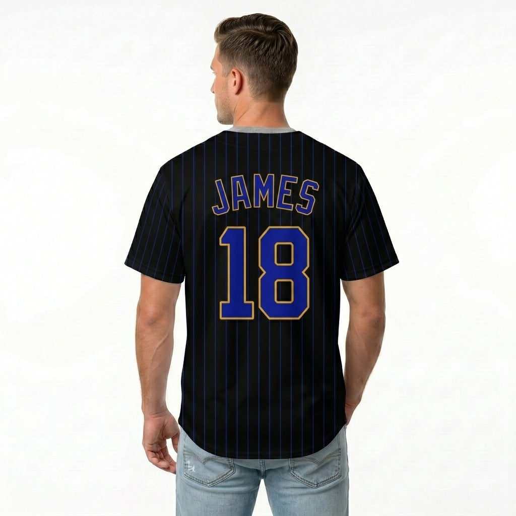 Custom Baseball Jersey - Personalized Black Shirt with Blue Pinstripes & Gold Details - Full Sublimation