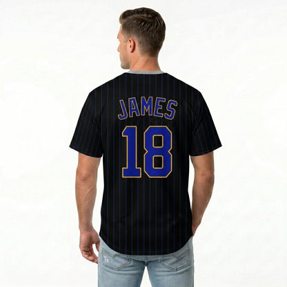 Custom Baseball Jersey - Personalized Black Shirt with Blue Pinstripes & Gold Details - Full Sublimation