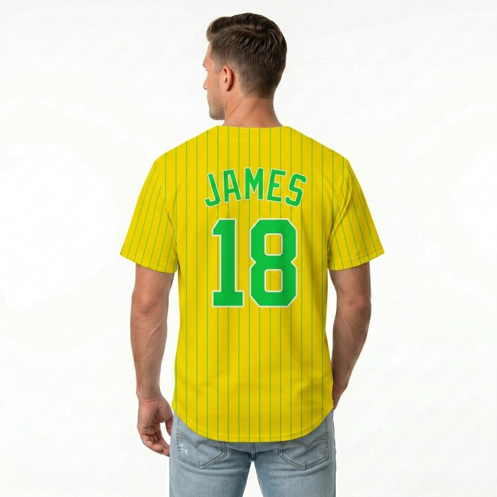 Custom Baseball Jersey - Personalized Yellow Shirt with Green Pinstripes & Graphics
