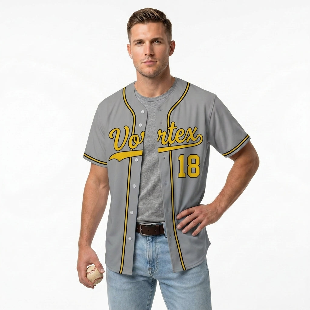Custom Baseball Jersey - Personalized Grey Shirt with Gold & Black Piping - Full Sublimation