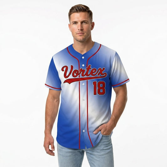 Custom Baseball Jersey - Personalized Blue Gradient Shirt with Red Piping - Full Sublimation