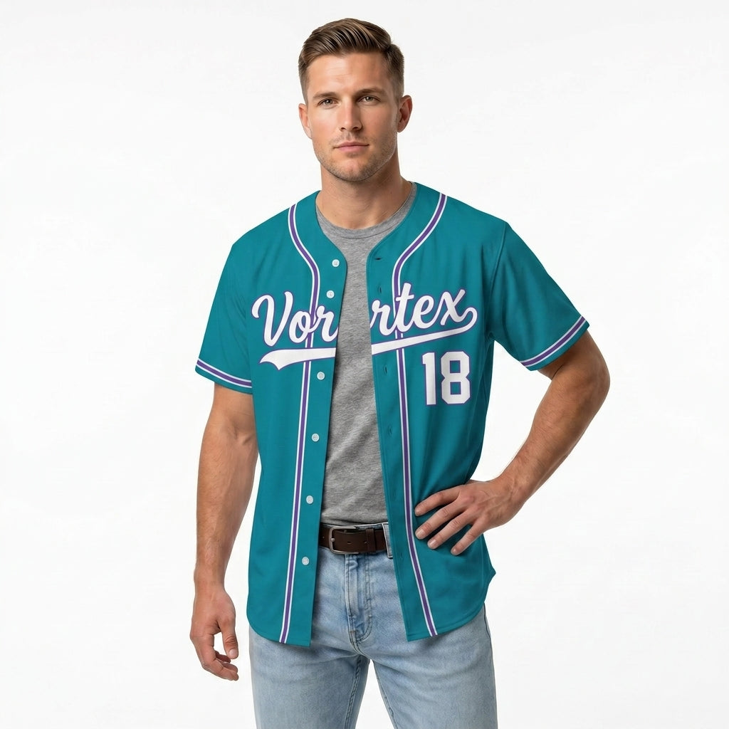 Custom Baseball Jersey - Personalized Teal Shirt with Purple & White Piping - Full Sublimation