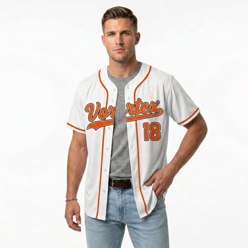 Custom Baseball Jersey - Personalized White Shirt with Orange Piping - Full Sublimation