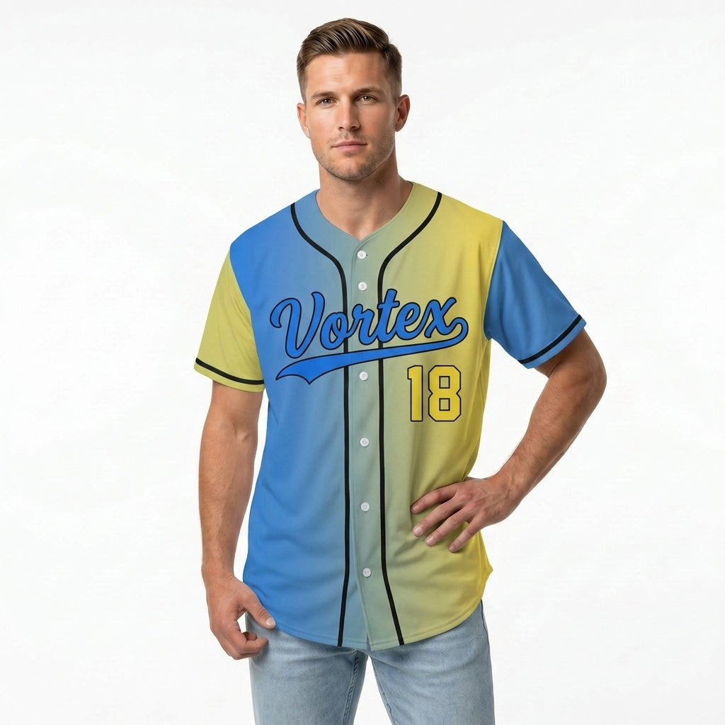 Custom Baseball Jersey - Personalized Gradient Shirt with Blue & Yellow Split Design