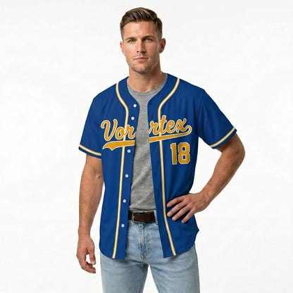 Custom Baseball Jersey - Personalized Royal Blue Shirt with Gold & White Piping - Full Sublimation