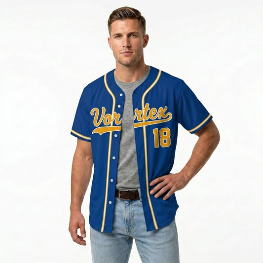 Custom Baseball Jersey - Personalized Royal Blue Shirt with Gold & White Piping - Full Sublimation