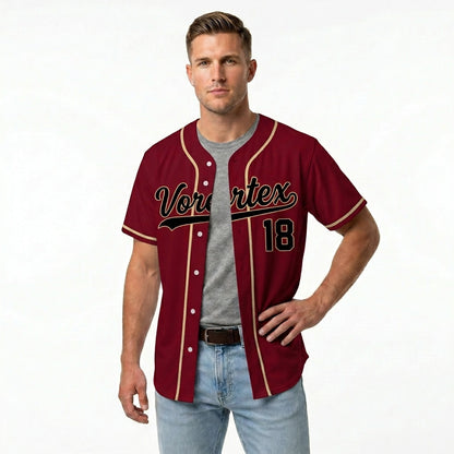 Custom Baseball Jersey - Personalized Maroon Shirt with Gold Piping & Black Graphics