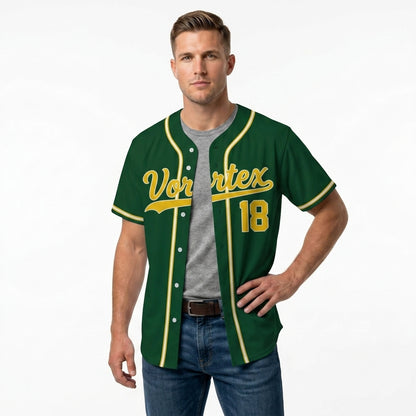 Custom Baseball Jersey - Personalized Green Shirt with Gold & White Piping - Full Sublimation