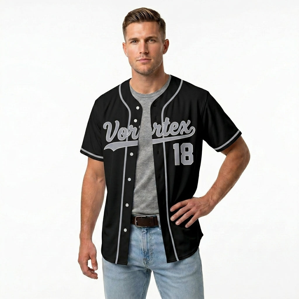 Custom Baseball Jersey - Personalized Black Shirt with Silver-Grey Piping - Full Sublimation