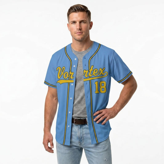 Custom Baseball Jersey - Personalized Sky Blue Shirt with Gold & Navy Piping - Full Sublimation