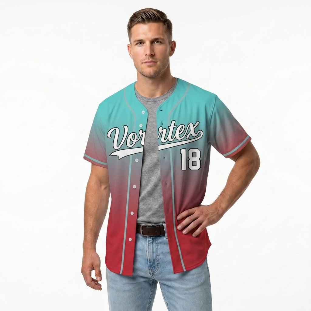 Custom Baseball Jersey - Personalized Gradient Shirt with Teal & Red Design - Full Sublimation