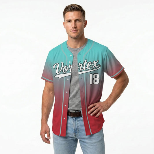 Custom Baseball Jersey - Personalized Gradient Shirt with Teal & Red Design - Full Sublimation