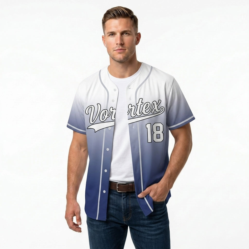 Custom Baseball Jersey - Personalized Gradient Shirt with White & Blue Design - Full Sublimation