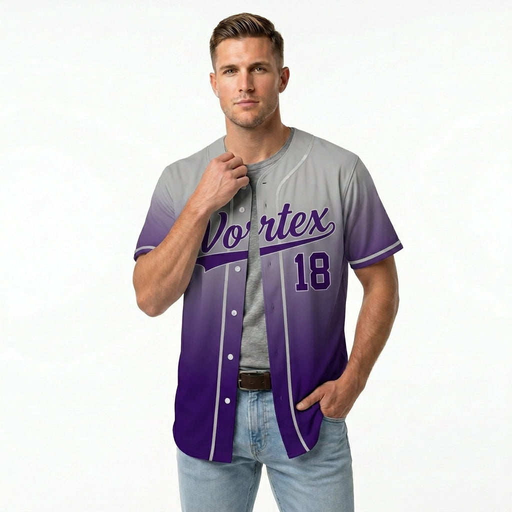 Custom Baseball Jersey - Personalized Gradient Shirt with Grey & Purple Design - Full Sublimation