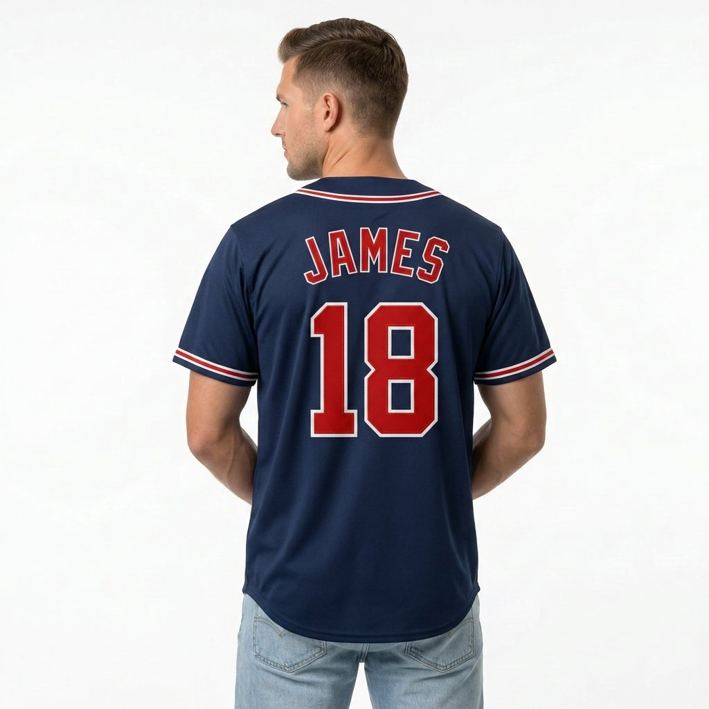 Custom Baseball Jersey - Personalized Navy Shirt with Red & White Piping - Full Sublimation