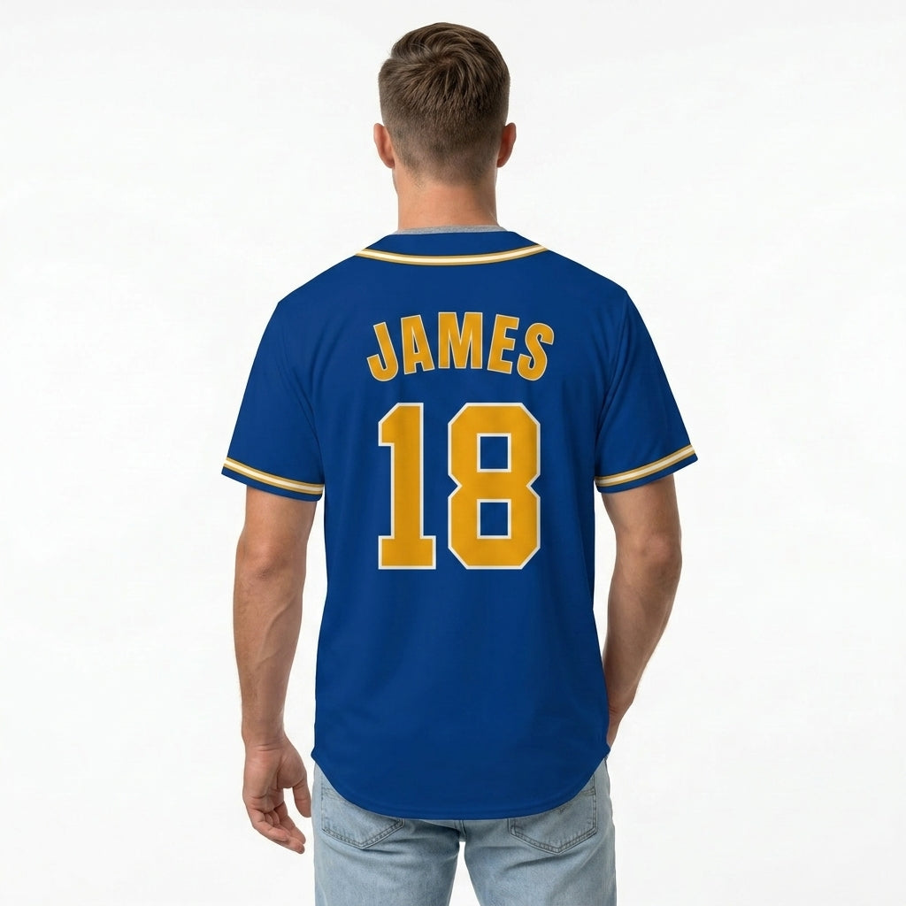 Custom Baseball Jersey - Personalized Royal Blue Shirt with Gold & White Piping - Full Sublimation