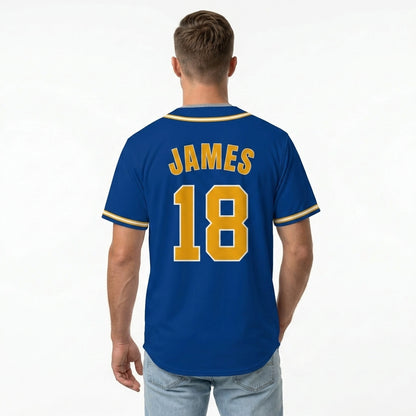 Custom Baseball Jersey - Personalized Royal Blue Shirt with Gold & White Piping - Full Sublimation