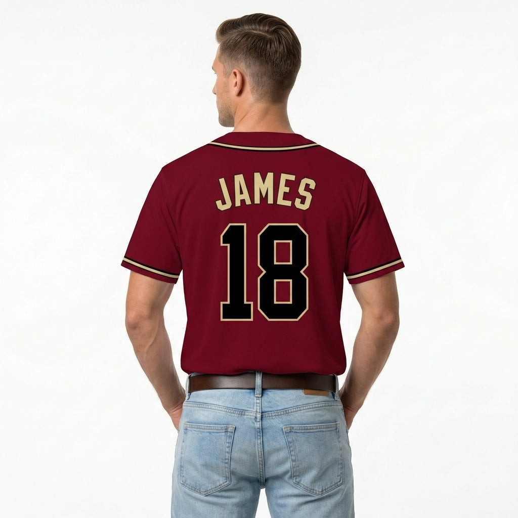 Custom Baseball Jersey - Personalized Maroon Shirt with Gold Piping & Black Graphics