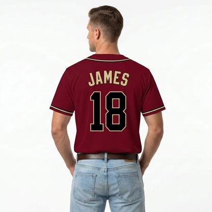 Custom Baseball Jersey - Personalized Maroon Shirt with Gold Piping & Black Graphics