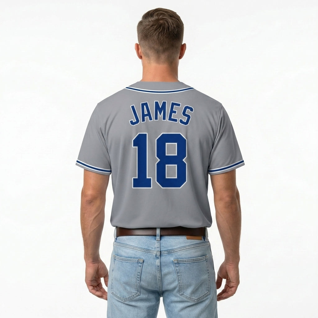 Custom Baseball Jersey - Personalized Grey Shirt with Navy & White Piping - Full Sublimation