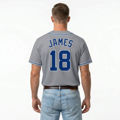 Custom Baseball Jersey - Personalized Grey Shirt with Navy & White Piping - Full Sublimation