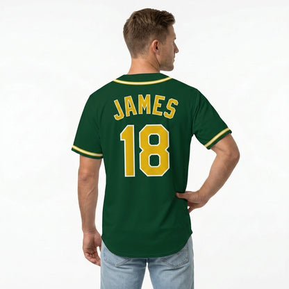 Custom Baseball Jersey - Personalized Green Shirt with Gold & White Piping - Full Sublimation