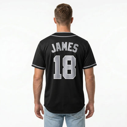 Custom Baseball Jersey - Personalized Black Shirt with Silver-Grey Piping - Full Sublimation