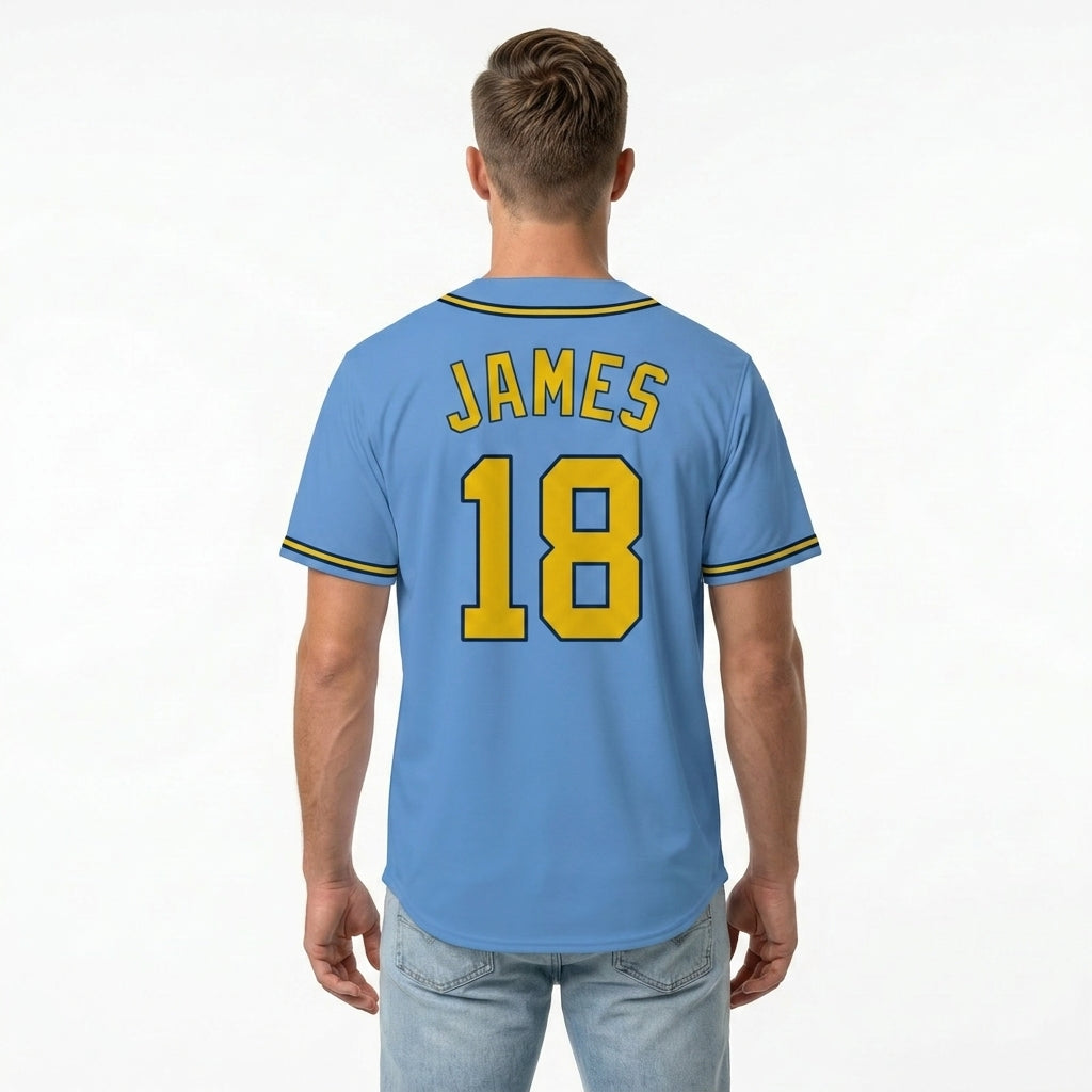 Custom Baseball Jersey - Personalized Sky Blue Shirt with Gold & Navy Piping - Full Sublimation