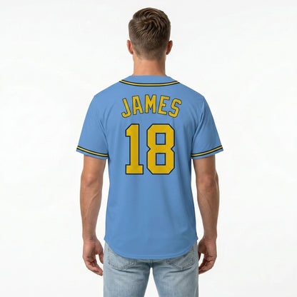 Custom Baseball Jersey - Personalized Sky Blue Shirt with Gold & Navy Piping - Full Sublimation