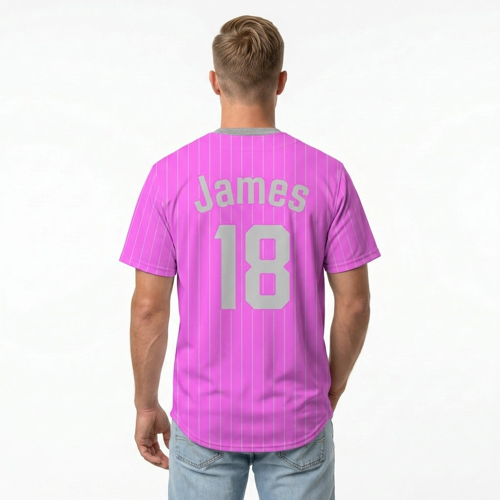Custom Baseball Jersey - Personalized Pink Shirt with White Pinstripes - Full Sublimation