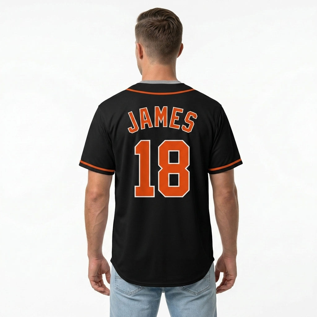Custom Baseball Jersey - Personalized Black Shirt with Orange Piping - Full Sublimation