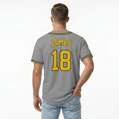 Custom Baseball Jersey - Personalized Grey Shirt with Gold & Black Piping - Full Sublimation