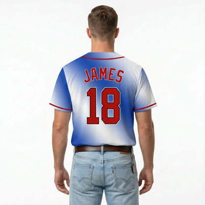 Custom Baseball Jersey - Personalized Blue Gradient Shirt with Red Piping - Full Sublimation