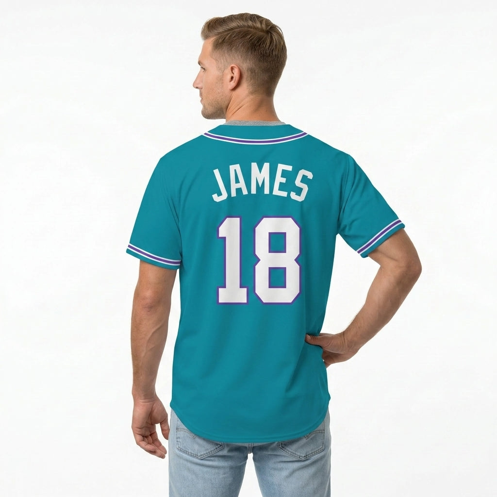 Custom Baseball Jersey - Personalized Teal Shirt with Purple & White Piping - Full Sublimation