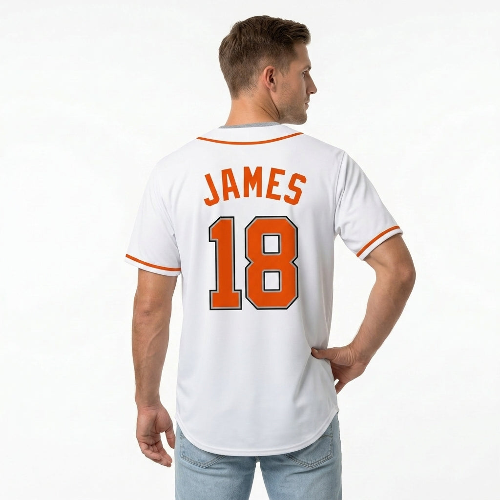 Custom Baseball Jersey - Personalized White Shirt with Orange Piping - Full Sublimation