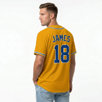 Custom Baseball Jersey - Personalized Gold Shirt with Blue & White Piping Graphics