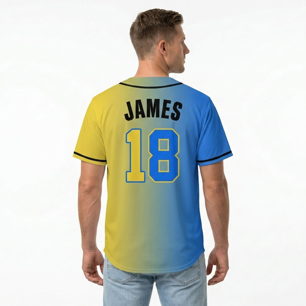 Custom Baseball Jersey - Personalized Gradient Shirt with Blue & Yellow Split Design