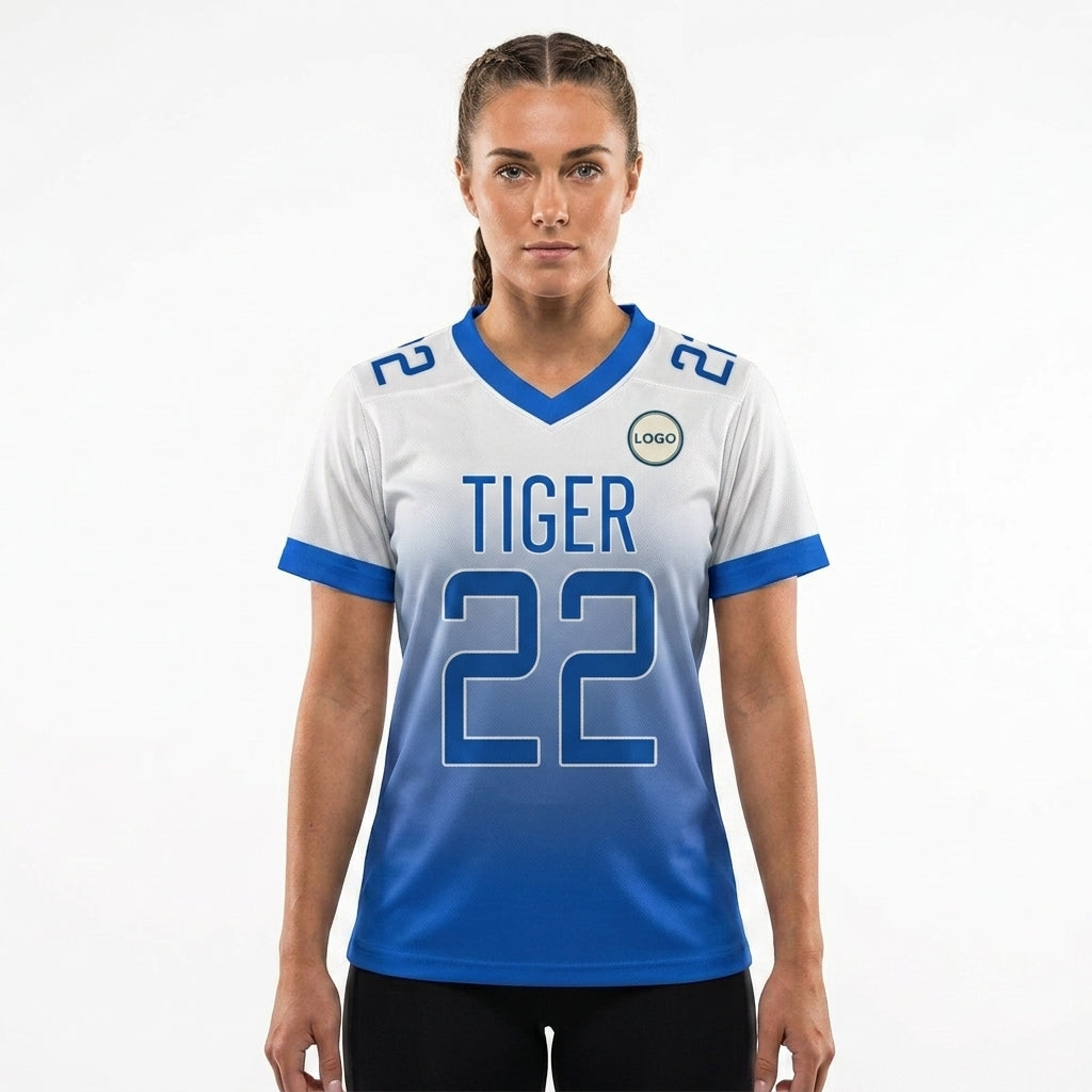 Custom Football Jersey - Personalized White to Blue Fade Design - Full Sublimation