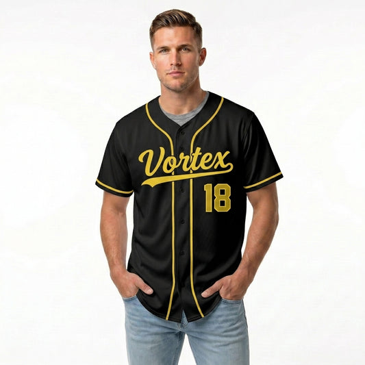 Custom Baseball Jersey - Personalized Black Shirt with Gold Lettering - Full Sublimation